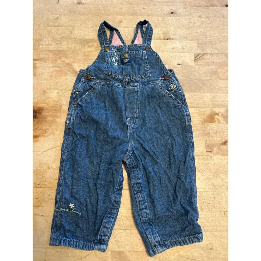 Vintage OshKosh Bgosh Embroidered Floral Denim Overalls Baby‎ Girl 18 Months